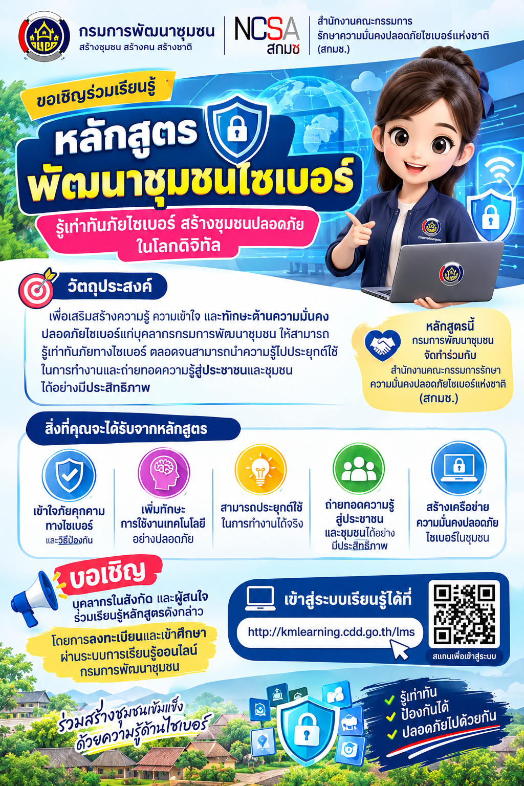 สำนักงานพัฒนาชุมชนอำเภอศรีสำโรง ขอเชิญร่วมเรียนรู้หลักสูตร “พัฒนาชุมชนไซเบอร์” เสริมทักษะรู้เท่าทันภัยไซเบอร์ สร้างความปลอดภัยในโลกดิจิทัล